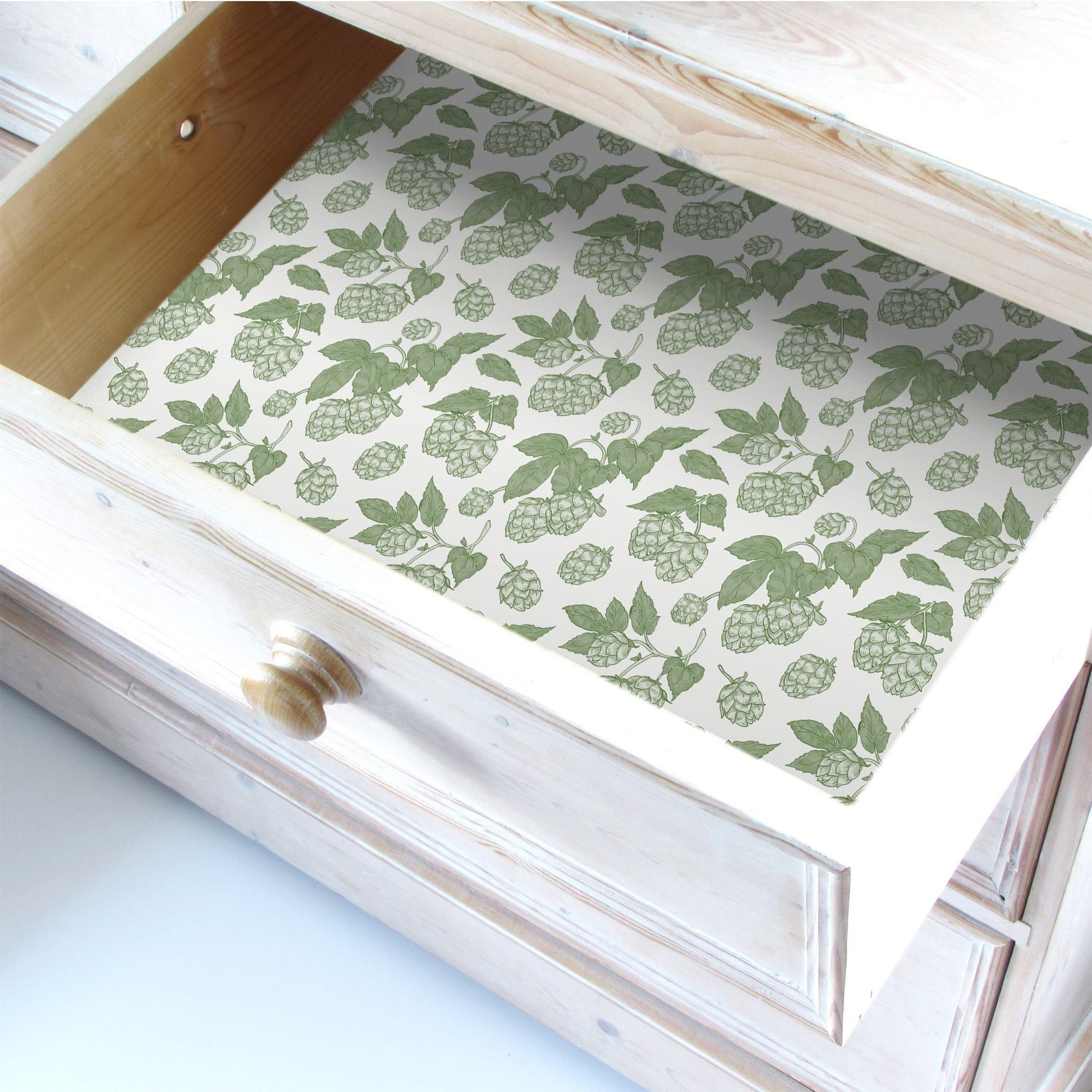 SIMPLY DRAWER LINERS | Wipe Clean & Unscented Drawer Liners with a green HOPS Design.  Perfect for Drawers, Shelves, Cupboards & Cabinets.