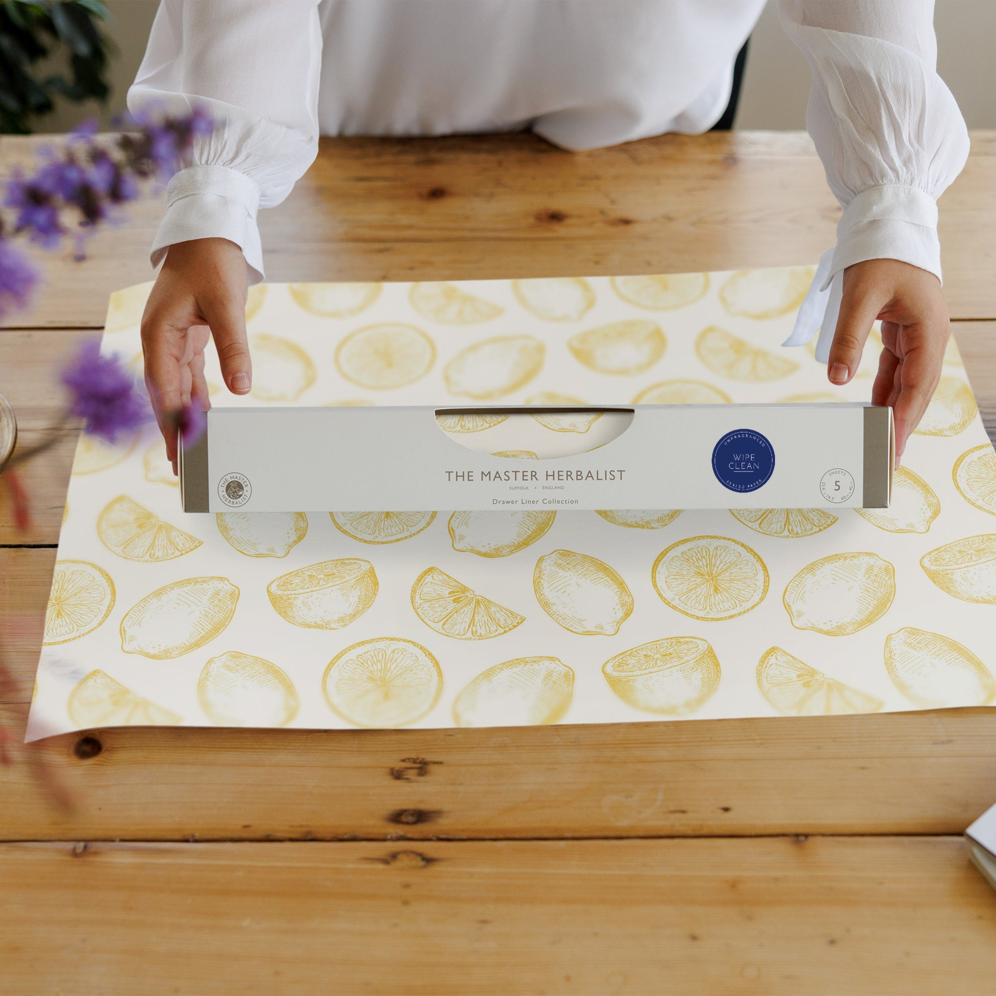 Wipe Clean & Unscented Drawer Liners with A Yellow Lemons Design
