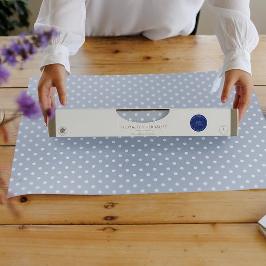 Wipe Clean & Unscented Drawer Liners in a COOK'S BLUE POLKA DOT Design