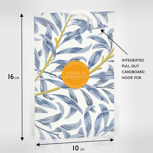 NEROLI & BERGAMOT Scented Wardrobe Freshener in a WILLIAM MORRIS Inspired WILLOW Design | Contains Essential Oils | PACK OF 1 | Made in the UK.