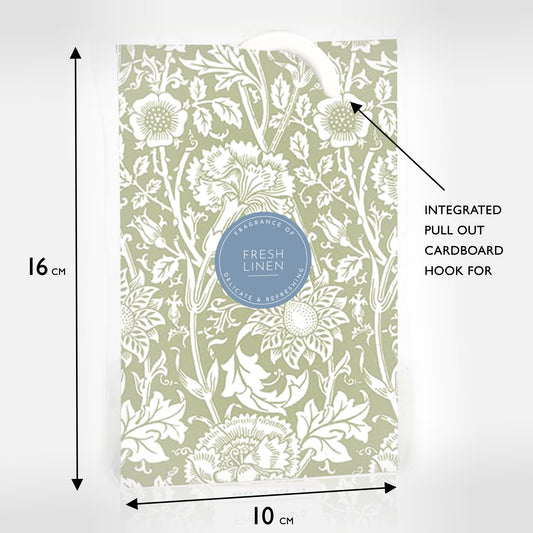 FRESH LINEN Scented Wardrobe Freshener in a WILLIAM MORRIS Design in SAGE GREEN | Pack of 2