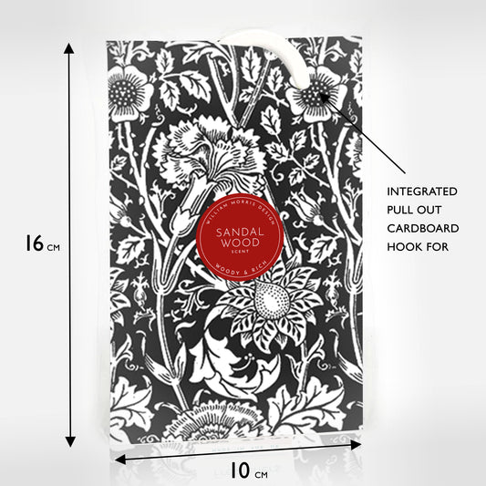 SANDALWOOD Scented Wardrobe Freshener in a WILLIAM MORRIS Design in BLACK | Pack of 2