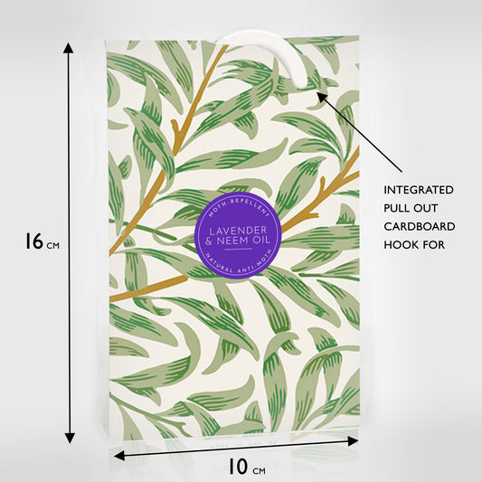 ANTI-MOTH | LAVENDER & NEEM OIL Wardrobe Freshener in a WILLIAM MORRIS Inspired WILLOW Design | PACK OF 2