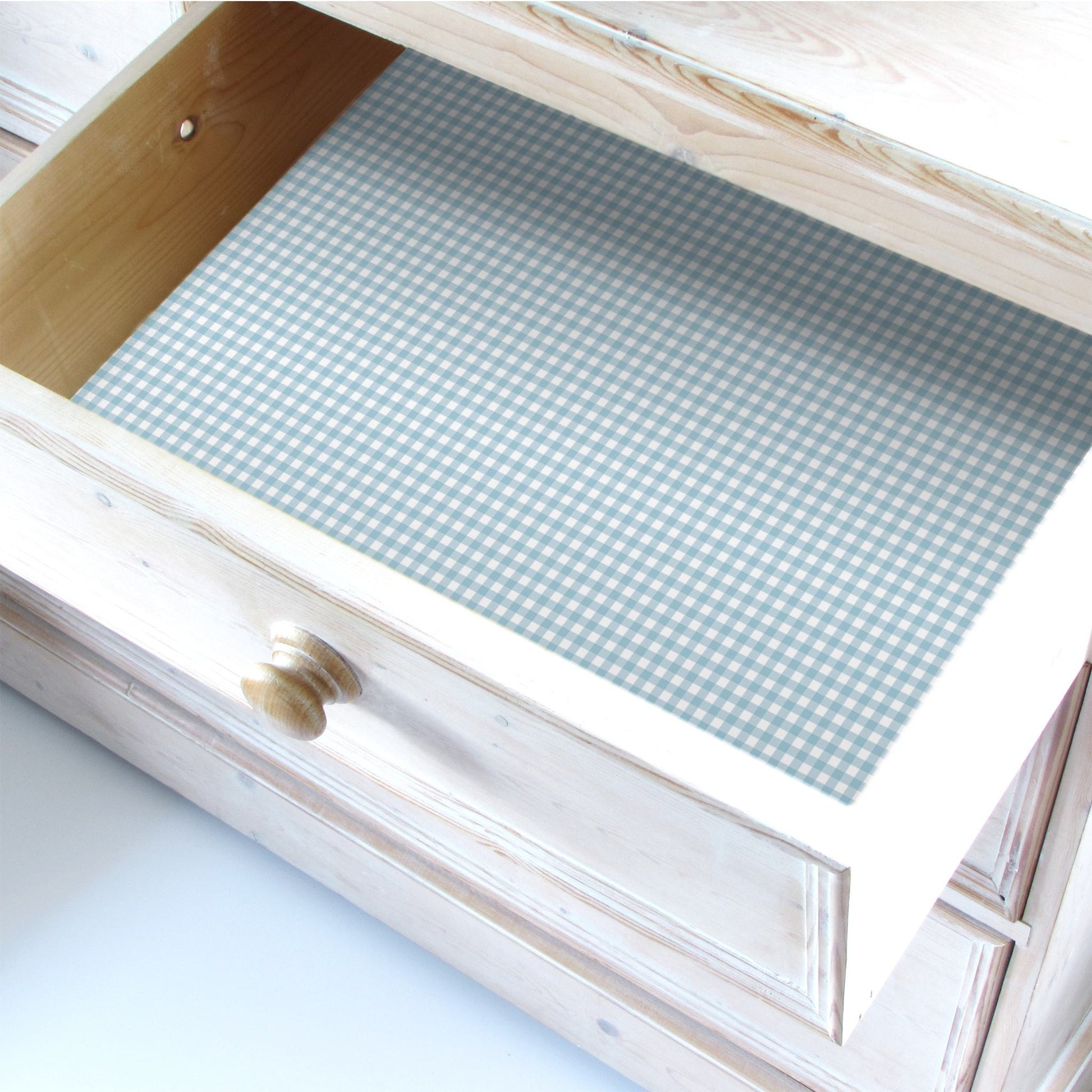 Simply Drawer Liners FRESH LINEN SCENTED Drawer Liners in a DUCK EGG Blue GINGHAM Design. Made in Britain.