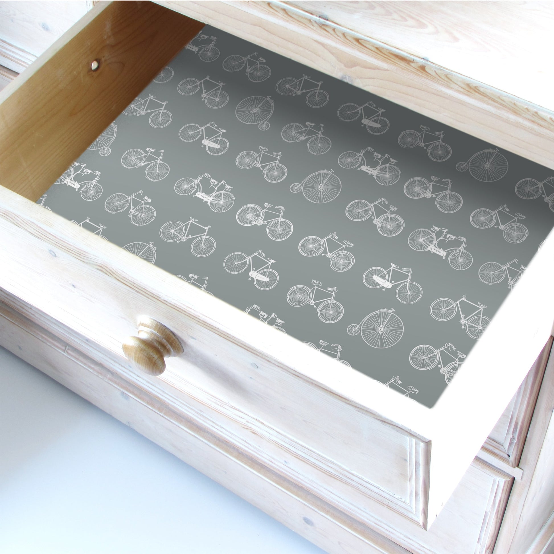 SIMPLY DRAWER LINERS | Wipe Clean & Unscented Drawer Liners with a BICYCLE DESIGN on DUSK BLUE.  Perfect for Drawers, Shelves, Cupboards & Cabinets.