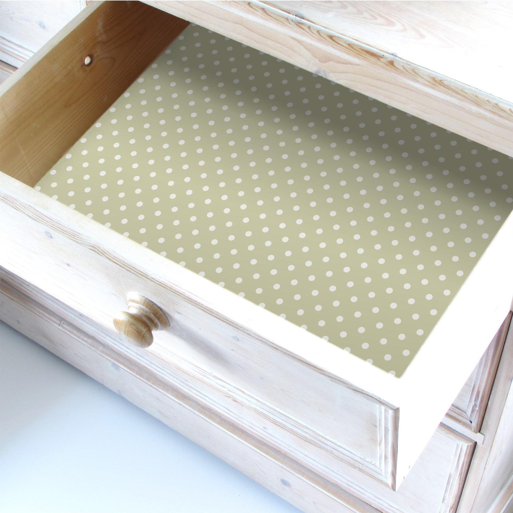 SIMPLY DRAWER LINERS | Wipe Clean & Unscented Drawer Liners in a SAGE GREEN POLKA DOT Design. Perfect for Kitchen Drawers, Shelves, Cupboards & Cabinets. Made in Suffolk, England. (Sage Green)