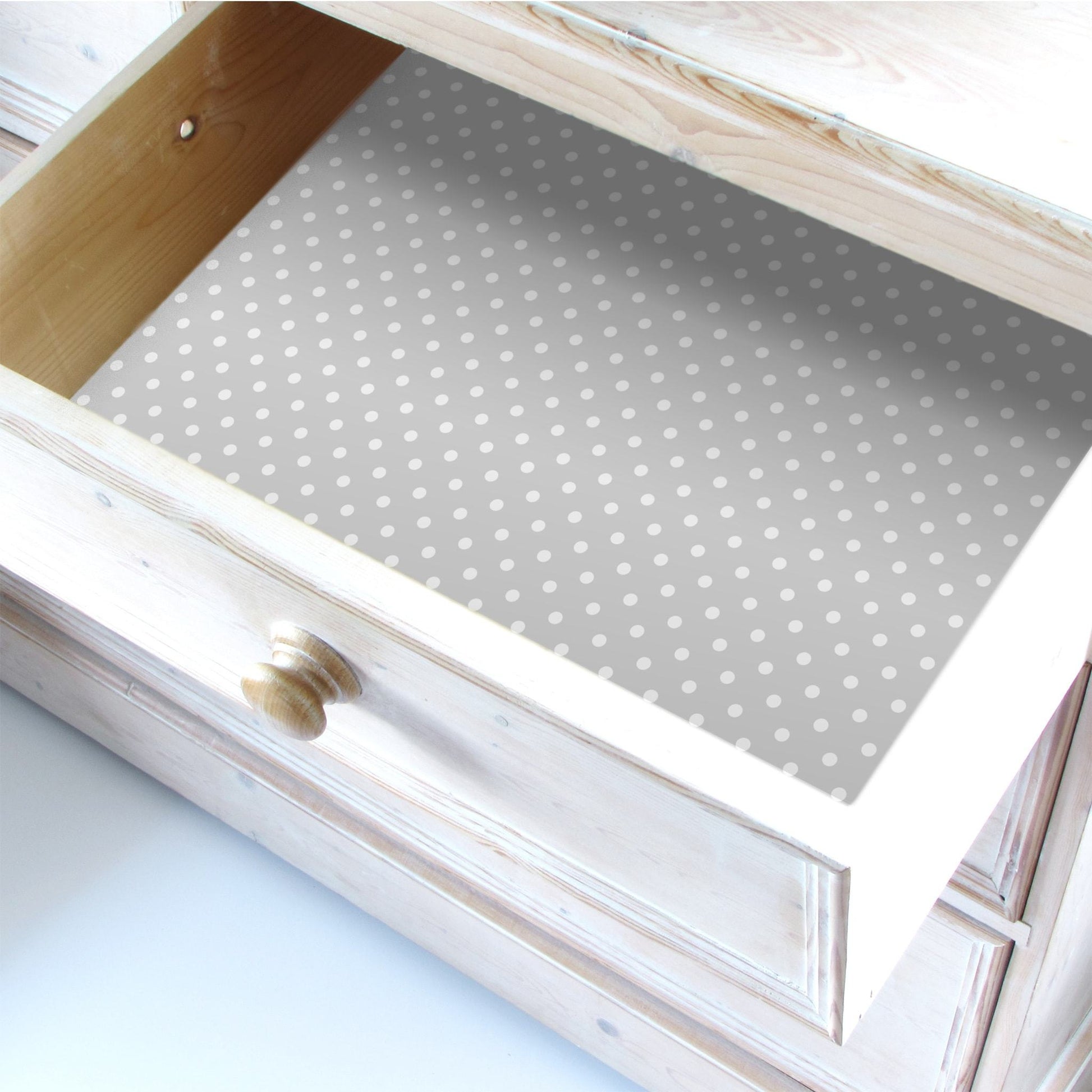 SIMPLY DRAWER LINERS | Wipe Clean & Unscented Drawer Liners in a SOFT GREY POLKA DOT Design. Perfect for Kitchen Drawers, Shelves, Cupboards & Cabinets. Made in Suffolk, England. (Soft Grey)