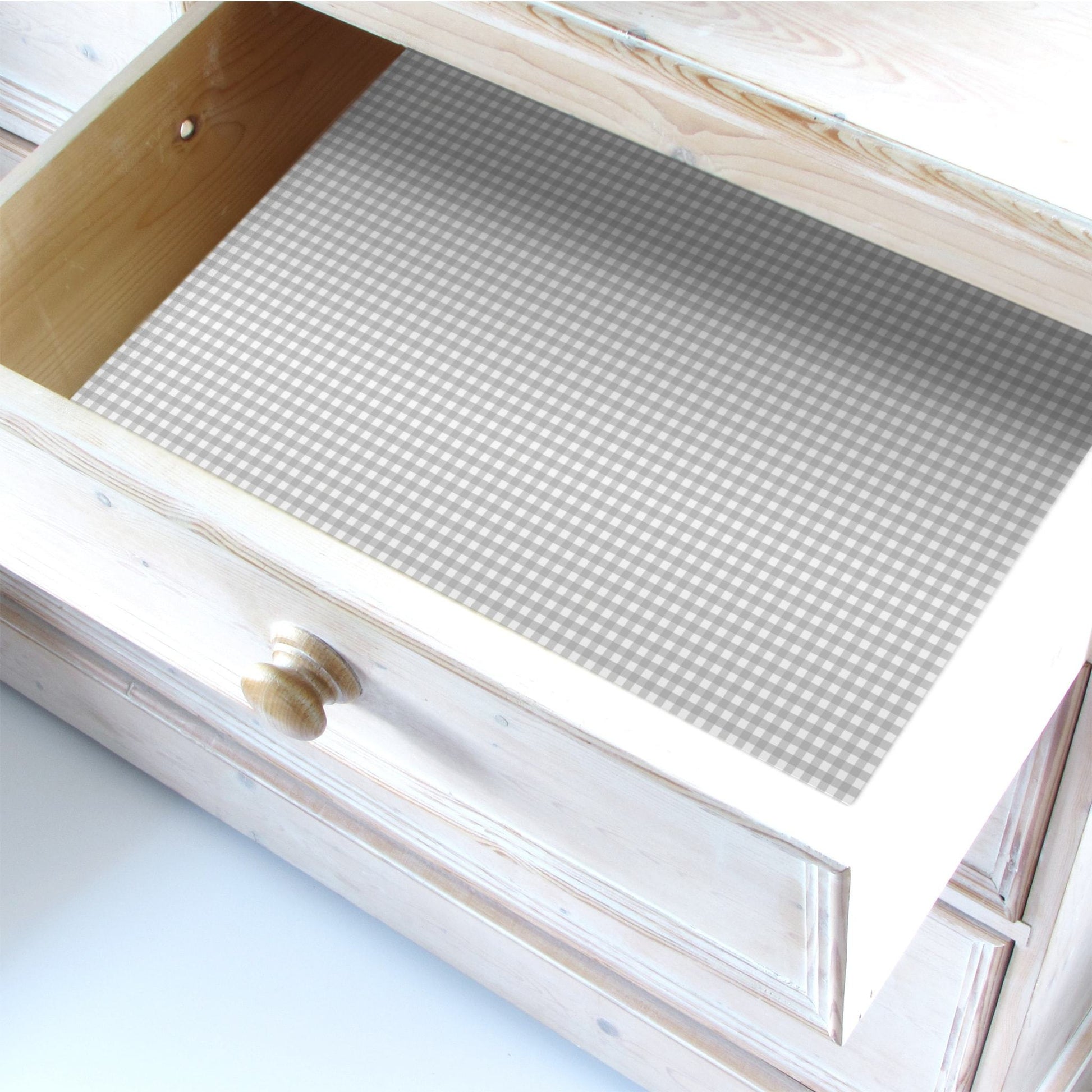 SIMPLY DRAWER LINERS | Wipe Clean & Unscented Drawer Liners in a SOFT GREY GINGHAM Design. Perfect for Kitchen Drawers, Shelves, Cupboards & Cabinets. Made in Suffolk, England. (Soft Grey)